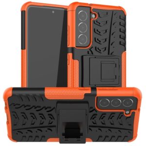 For Samsung Galaxy S21 FE Tire Texture Shockproof TPU+PC Protective Case with Holder(Orange) (OEM)