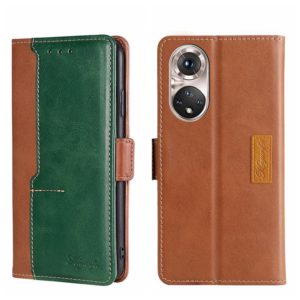 For Honor 50 Pro Contrast Color Side Buckle Leather Phone Case(Light Brown + Green) (OEM)