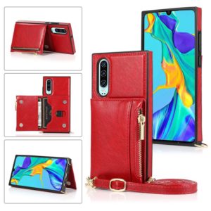 For Huawei P30 Square Zipper Wallet Bag TPU+PU Back Cover Case with Holder & Card Slots & Wallet & Cross-body Strap(Red) (OEM)