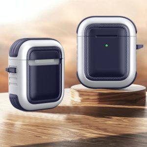 Wireless Earphones Shockproof TPU + PC Protective Case with Carabiner For AirPods 1 / 2(Blue+Silver) (OEM)