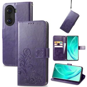 For Honor 60 Pro Four-leaf Clasp Embossed Buckle Leather Phone Case(Purple) (OEM)