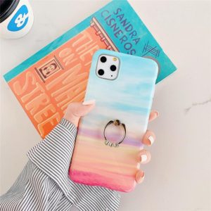 For iPhone 11 TPU Smooth Marble with Ring Metal Rhinestone Bracket Mobile Phone Protective Case(Rainbow Q5) (OEM)