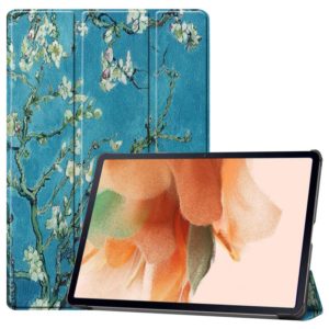 For Samsung Galaxy Tab S7 Lite T730 / T735 / Tab S7 FE T736 Custer Painted PU Leather Case with Sleep / Wake-up Function & 3-Fold Holder(Apricot Blossom) (OEM)