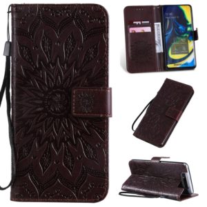 Pressed Printing Sunflower Pattern Horizontal Flip PU Leather Case for Galaxy A80, with Holder & Card Slots & Wallet & Lanyard (Brown) (OEM)