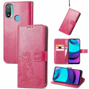 For Motorola Moto E20 Four-leaf Clasp Embossed Leather Case with Lanyard & Card Slot & Wallet & Holder(Rose Red) (OEM)