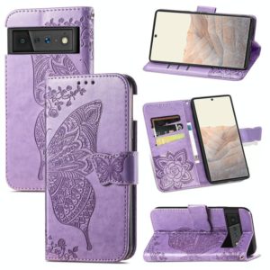 For Google Pixel 6 Butterfly Love Flowers Embossed Horizontal Flip Leather Case with Holder & Card Slots & Wallet & Lanyard(Light Purple) (OEM)
