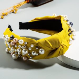 2 PCS Wide-sided Nails With Pearls And Knotted Mori Hair Band Washing-face Headband Sweet Hair Accessoris(Yellow) (OEM)