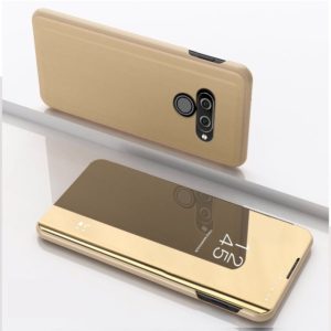 For LG Q60 Plating Mirror Left and Right Flip Cover with Bracket Holster(Gold) (OEM)