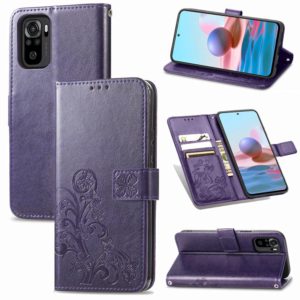For Xiaomi Redmi Note 10 4G Four-leaf Clasp Embossed Buckle Mobile Phone Protection Leather Case with Lanyard & Card Slot & Wallet & Bracket Function(Purple) (OEM)