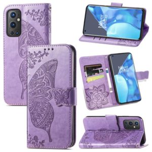 For OnePlus 9 Pro Butterfly Love Flowers Embossed Horizontal Flip Leather Case with Holder & Card Slots & Wallet & Lanyard(Light Purple) (OEM)