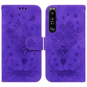 For Sony Xperia 1 III Butterfly Rose Embossed Leather Phone Case(Purple) (OEM)