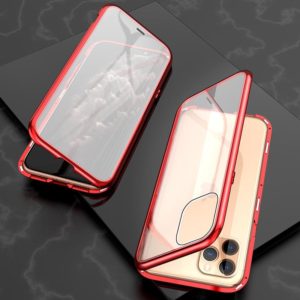 For iPhone 11 Pro Max Ultra Slim Double Sides Magnetic Adsorption Angular Frame Tempered Glass Magnet Flip Case(Red) (OEM)
