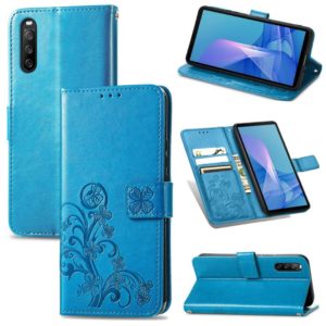 For Sony Xperia 10 III Four-leaf Clasp Embossed Buckle Mobile Phone Protection Leather Case with Lanyard & Card Slot & Wallet & Bracket Function(Blue) (OEM)