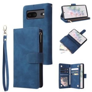 For Google Pixel 7 5G Multifunctional Frosted Zipper Wallet Leather Phone Case(Blue) (OEM)