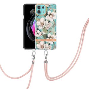 For Motorola Edge 20 Lite Flowers Series TPU Phone Case with Lanyard(Green Gardenia) (OEM)
