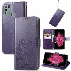 For INFINIX Hot 10 Play Four-leaf Clasp Embossed Buckle Mobile Phone Protection Leather Case with Lanyard & Card Slot & Wallet & Bracket Function(Purple) (OEM)