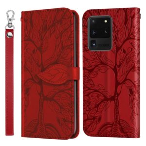 For Samsung Galaxy S20 Ultra Life of Tree Embossing Pattern Horizontal Flip Leather Case with Holder & Card Slot & Wallet & Photo Frame & Lanyard(Red) (OEM)