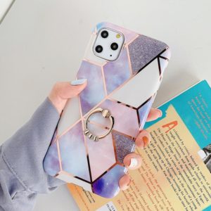 For iPhone 11 Pro Max Plating Colorful Geometric Pattern Mosaic Marble TPU Mobile Phone Case Rhinestone Stand Ring(Purple PR4) (OEM)