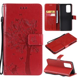 For OnePlus 9 Pro Tree & Cat Pattern Pressed Printing Horizontal Flip PU Leather Case with Holder & Card Slots & Wallet & Lanyard(Red) (OEM)