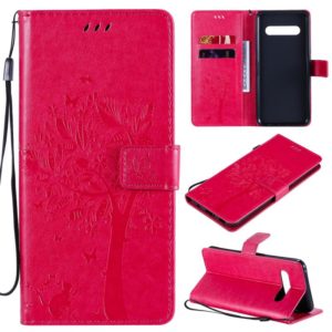 For LG V60 ThinQ 5G Tree & Cat Embossed Pattern Horizontal Flip Leather Case with Holder & Card Slots & Wallet & Lanyard(Rose Red) (OEM)