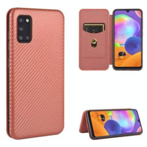 For Samsung Galaxy A31 Carbon Fiber Texture Horizontal Flip TPU + PC + PU Leather Case with Rope & Card Slot(Brown) (OEM)