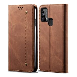 For Galaxy M31 Denim Texture Casual Style Horizontal Flip Leather Case with Holder & Card Slots & Wallet(Brown) (OEM)