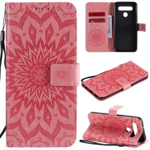 For LG K41S & K51S Pressed Printing Sunflower Pattern Horizontal Flip PU Leather Case Holder & Card Slots & Wallet & Lanyard(Pink) (OEM)