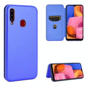 For Samsung Galaxy A20s Carbon Fiber Texture Horizontal Flip TPU + PC + PU Leather Case with Rope & Card Slot(Blue) (OEM)