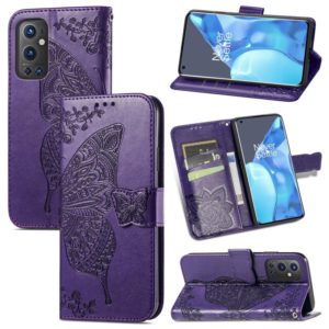 For OnePlus 9 Pro Butterfly Love Flowers Embossed Horizontal Flip Leather Case with Holder & Card Slots & Wallet & Lanyard(Dark Purple) (OEM)
