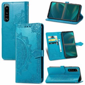 For Sony Xperia 5 III Mandala Flower Embossed Horizontal Flip Leather Case with Bracket / Card Slot / Wallet / Lanyard(Blue) (OEM)