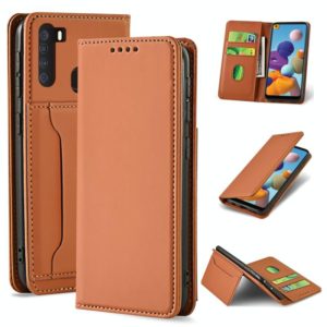 For Samsung Galaxy A21 Strong Magnetism Liquid Feel Horizontal Flip Leather Case with Holder & Card Slots & Wallet(Brown) (OEM)