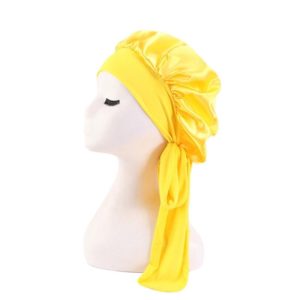 TJM-301-1 Faux Silk Adjustable Stretch Wide-Brimmed Night Hat Satin Ribbon Round Hat Shower Cap Hair Care Hat, Size: Free Size(Yellow) (OEM)
