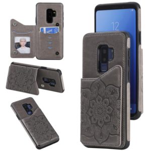For Samsung Galaxy S9 Plus Flower Embossing Pattern Shockproof Protective Case with Holder & Card Slots & Photo Frame(Grey) (OEM)