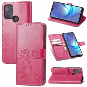 For Motorola Moto G50 Four-leaf Clasp Embossed Buckle Mobile Phone Protection Leather Case with Lanyard & Card Slot & Wallet & Bracket Function(Rose Red) (OEM)