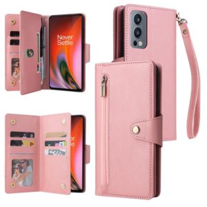 For OnePlus Nord 2 Rivet Buckle 9 Cards Three Fold Leather Phone Case(Rose Gold) (OEM)