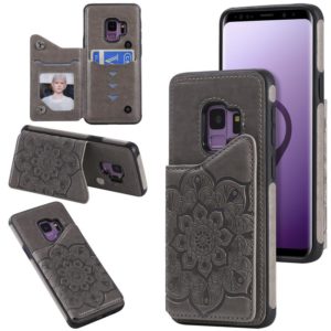For Samsung Galaxy S9 Flower Embossing Pattern Shockproof Protective Case with Holder & Card Slots & Photo Frame(Grey) (OEM)