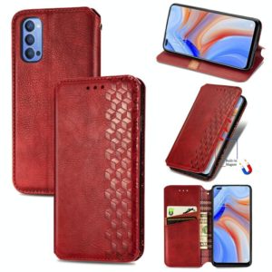 For OPPO Reno 4 4G Cubic Grid Pressed Horizontal Flip Magnetic PU Leather Case with Holder & Card Slots & Wallet(Red) (OEM)