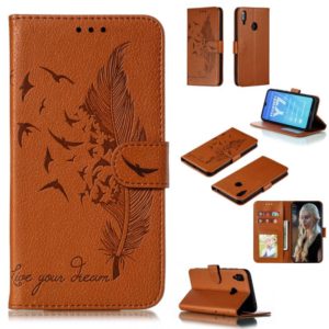 Feather Pattern Litchi Texture Horizontal Flip Leather Case with Wallet & Holder & Card Slots For Huawei Y7 (2019)(Brown) (OEM)