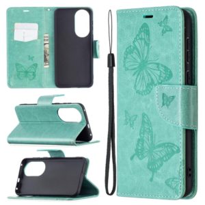 For Huawei P50 Two Butterflies Embossing Pattern Horizontal Flip Leather Case with Holder & Card Slot & Wallet & Lanyard(Green) (OEM)