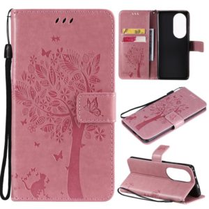For Huawei P50 Pro Tree & Cat Pattern Pressed Printing Horizontal Flip PU Leather Case with Holder & Card Slots & Wallet & Lanyard(Pink) (OEM)