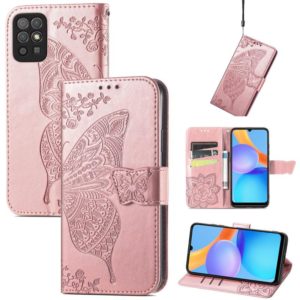 For Honor Play 5T Youth Butterfly Love Flowers Embossed Horizontal Flip Leather Case with Holder & Card Slots & Wallet & Lanyard(Rose Gold) (OEM)