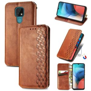 For Motorola MOTO E7 Cubic Grid Pressed Horizontal Flip Magnetic PU Leather Case with Holder & Card Slots & Wallet(Brown) (OEM)