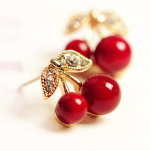 Fashion Lovely Red Cherry Bead Rhinestone Leaf Stud Earrings For Woman (OEM)