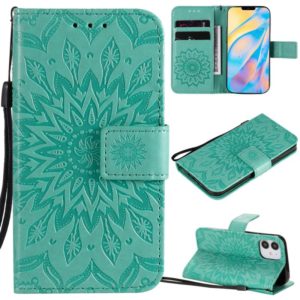 For iPhone 12 mini Pressed Printing Sunflower Pattern Horizontal Flip PU Leather Case Holder & Card Slots & Wallet & Lanyard(Green) (OEM)