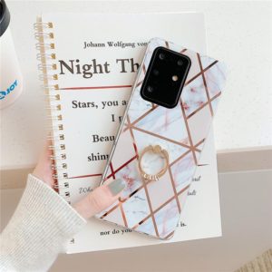 For Galaxy A51 Plating Colorful Geometric Pattern Mosaic Marble TPU Mobile Phone Case Rhinestone Stand Ring(White PR3) (OEM)