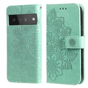 For Google Pixel 6 Pro 7-petal Flowers Embossing Pattern Horizontal Flip PU Leather Case with Holder & Card Slots & Wallet & Photo Frame(Green) (OEM)