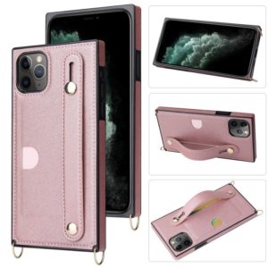 For iPhone 11 Pro Max Wrist Strap PU+TPU Shockproof Protective Case with Crossbody Lanyard & Holder & Card Slot(Rose Gold) (OEM)