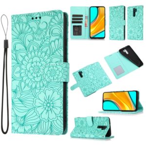 For Xiaomi Redmi 9 Skin Feel Embossed Sunflower Horizontal Flip Leather Case with Holder & Card Slots & Wallet & Lanyard(Green) (OEM)