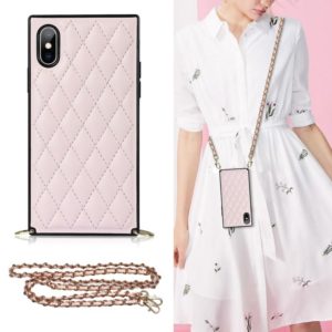 For iPhone X / XS Elegant Rhombic Pattern Microfiber Leather +TPU Shockproof Case with Crossbody Strap Chain(Pink) (OEM)