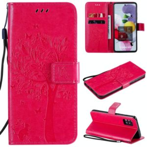 For Samsung Galaxy A51 5G Tree & Cat Embossed Pattern Horizontal Flip Leather Case with Holder & Card Slots & Wallet & Lanyard(Rose Red) (OEM)